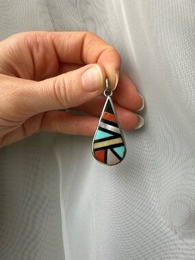 Handcrafted ZUNI Teardrop lapidary craftsmanship channel inlay Pendant - SUE